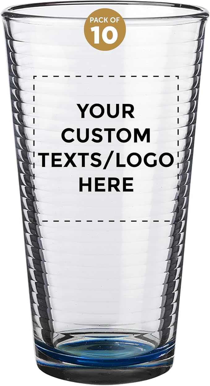Custom Spiral Pint Glass 16 oz. Set of 10, Personalized Bulk Pack - Beer Glasses, Heavy Duty Drinkware - Blue