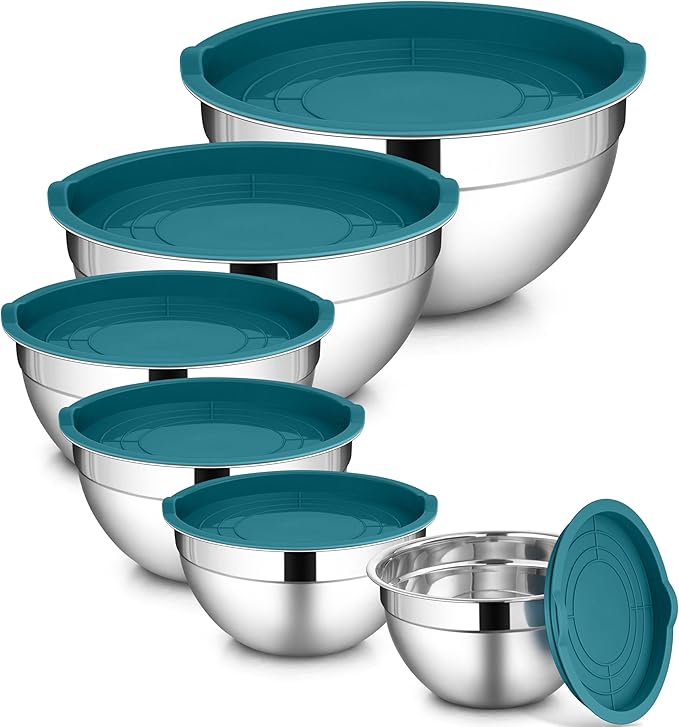 LIANYU 6 Piece Stainless Steel Mixing Bowls, Large Metal Bowls with Airtight Lids Set, 7 & 3.5 & 2.5 QT 2 & 1.5 & 1QT, Kitchen Nesting Bowls for Cooking Prepping Food Storage, Dishwasher Safe, Blue
