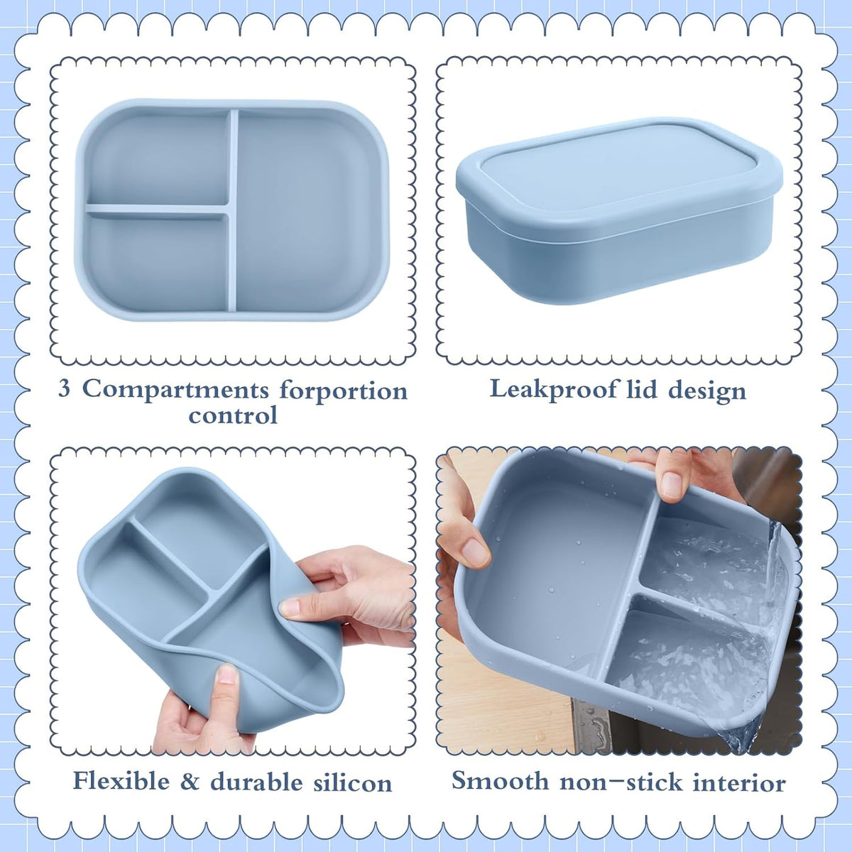 Honeydak 4 Pcs Silicone Bento Lunch Box 3 Compartment Reusable Leakproof Silicone Bento Lunch Container for Adults Microwave Dishwasher Freezer Safe(Grey,Blue,Khaki, Orange)