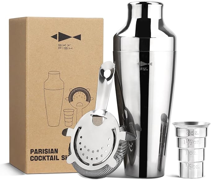 SKY FISH Barware Set 3-Piece Stainless Steel Bartender Kit - Cocktail Shaker, Jigger with Measurements, Hawthorn Strainer - Suit for Home Bars & Professional Mixologists