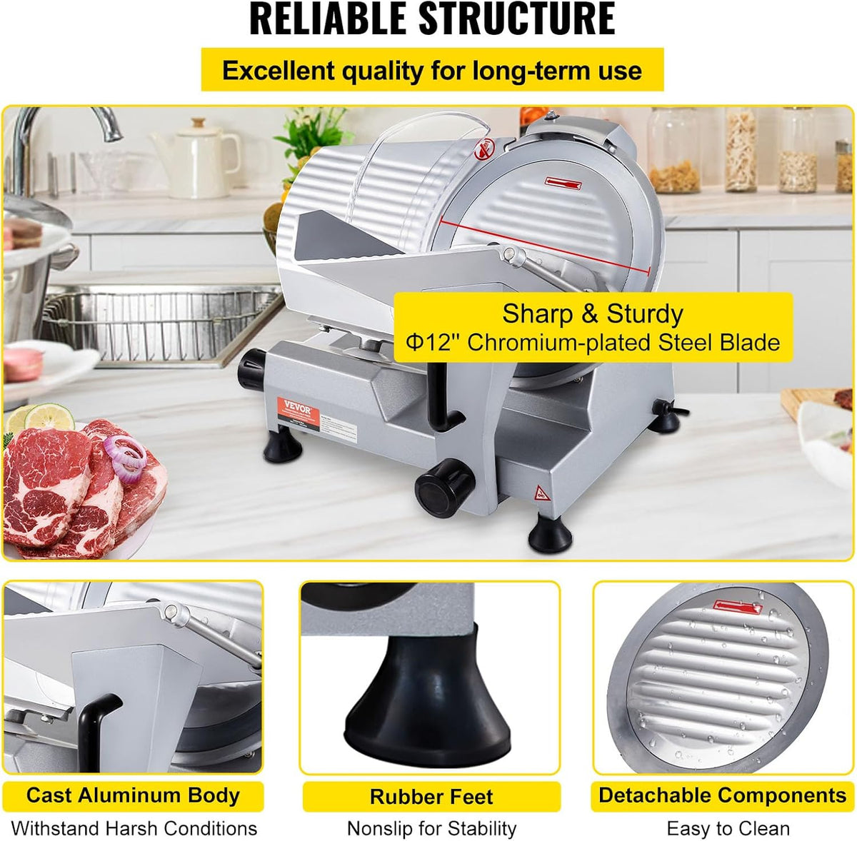 VEVOR Commercial Meat Slicer, 320W Electric Deli Food Slicer, 12 inch Carbon Steel Blade Electric Food Slicer, 350-400RPM Meat Slicer, 0-0.6 inch Adjustable Thickness for Cheese, Veggies, Ham