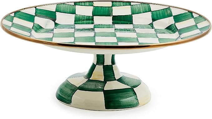 MACKENZIE-CHILDS Enamel Pedestal Platter, Round Cake Stand, Small, Green-and-White Emerald Check