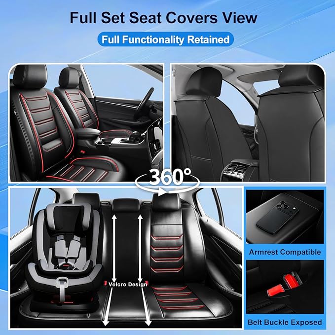 Fit Accord Car Seat Covers (Front Pair) for Select Honda Accord 2012-2026, Luxury Full Coverage Leather, Airbag Compatible, Waterproof & All Weather Seat Cushion Protector, Black with Red Trim