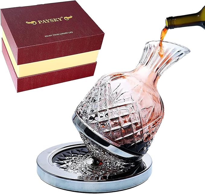 spinning wine decanter, 45 oz crystal rotating wine decanter with gift box, for wedding gift, birthday, banquet, supper