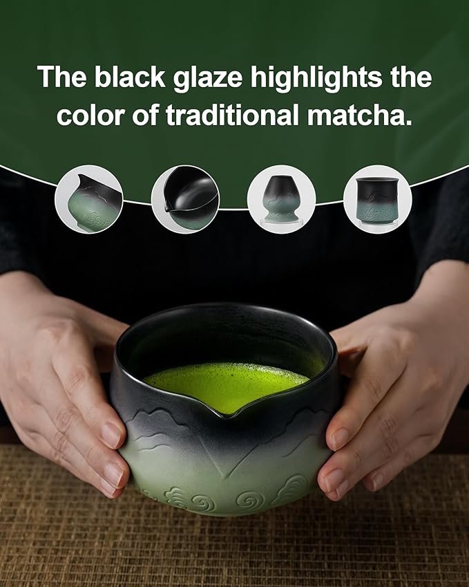 ZENS Matcha Whisk Set, 7pcs Matcha Kit Set with Ceramic Bowl and Matcha Cup, Bamboo Whisk & (Chasen Holder) Sifter, Scoop -Tea Towel, Japanese Chawan for Matcha-Making, Sage Green