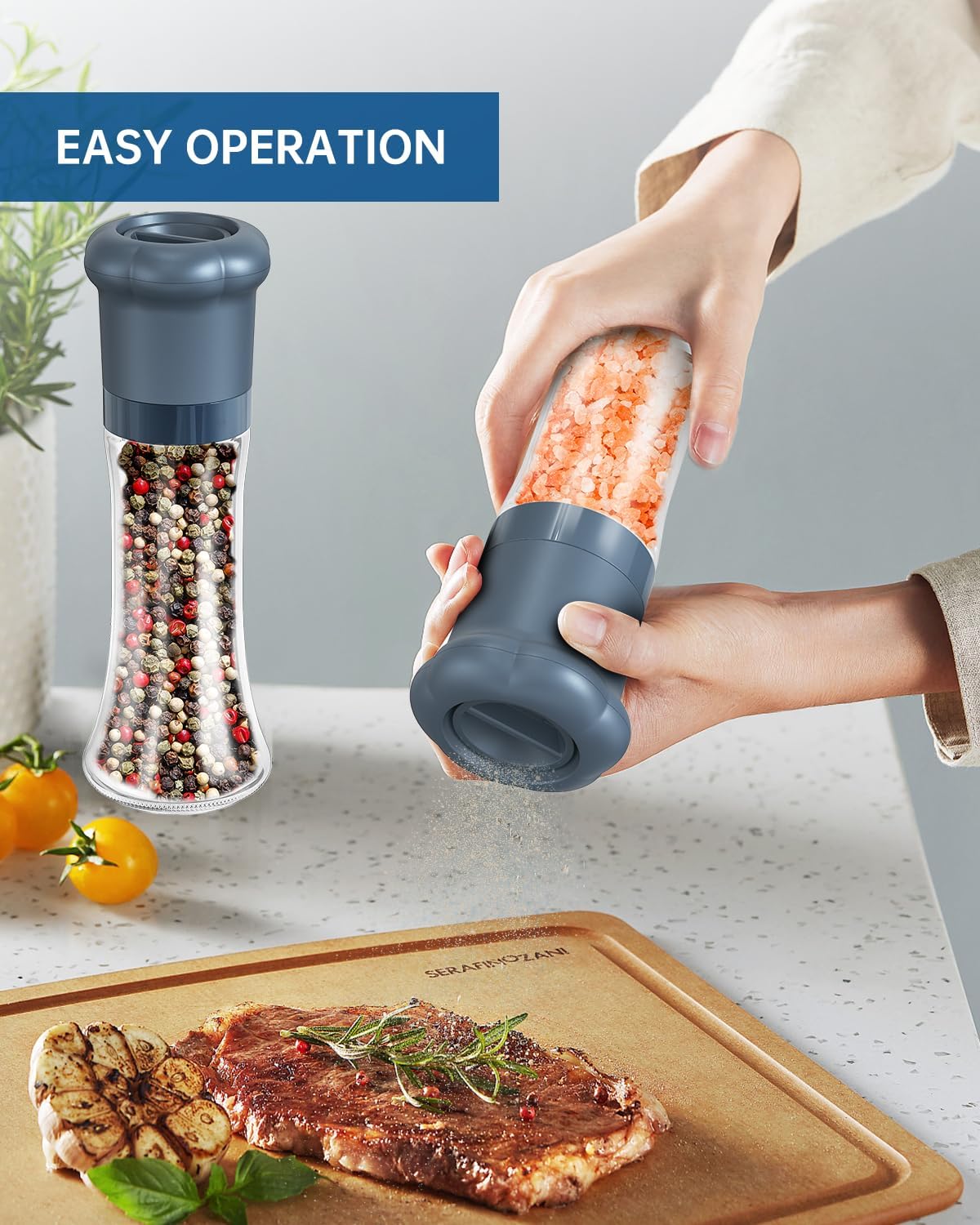 CIRCLE JOY Manual Salt and Pepper Grinder Set For Professional Chef, Refillable Salt and Pepper Shakers with Ceramic Blades, Adjustable Coarseness and BPA-free 180ml Glass Container, Tall Blue
