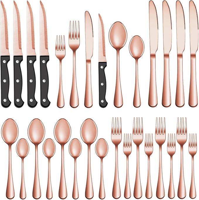 48 Pcs Rose Gold Silverware Set with Steak Knives Service for 8,Stainless Steel Flatware Set,Mirror Polished Cutlery Utensil Set, Kitchen Eating Tableware,Include Fork Knife Spoon Set,Dishwasher Safe