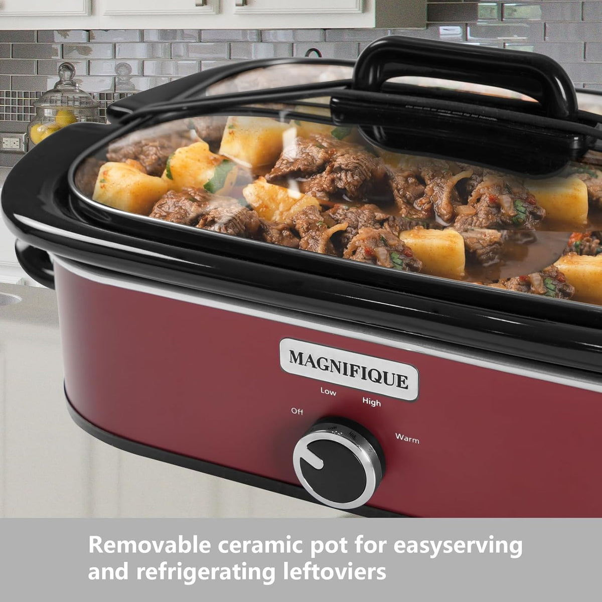 4-Quart Slow Cooker with Casserole Manual Warm Setting - Perfect Kitchen Small Appliance for Family Dinners, Dishwasher Safe Crock, Red