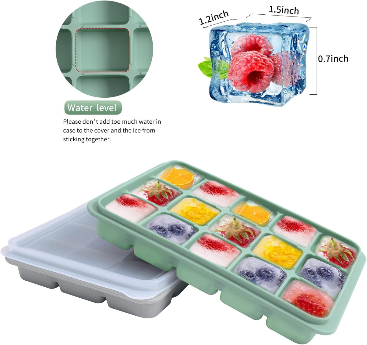 Ice Cube Trays Set of 2, Easy Release 15 Flexible Silicone Ice Cube Molds with Removable Lid Reusable Freezer Ice Trays Stackable for Whiskey, Baby Food, BPA Free (GREEN+GRAY)