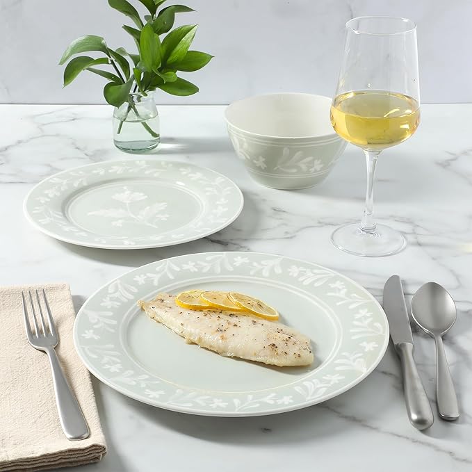 Martha Stewart Maiden Crown 12-Piece Sage Green Dinnerware Set – Vegan Bone China Ceramic Plates & Bowls – Floral Design – Service for 4 – Microwave & Dishwasher Safe