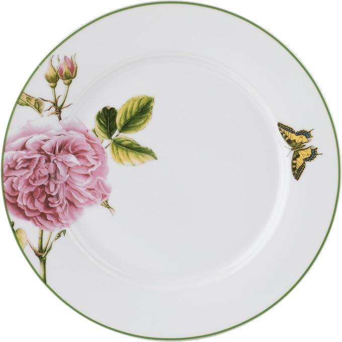 Portmeirion Home Roses 16 Piece Set - Delicate Pink Rose & Butterfly Pattern, Dishwasher Safe Porcelain Dinnerware for Garden Parties, Bridal Showers, Tea Time & Family Gatherings - 10.5" Plates