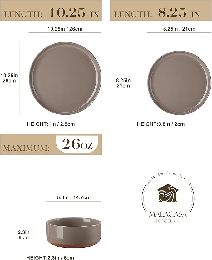 MALACASA Plates and Bowls Sets, 24 Pieces Modern Ceramic Dinnerware Set for 8 Kitchen Dinner Set Stoneware Dishware Dishes Set Microwave and Dishwasher Safe, Brown, Series TARA