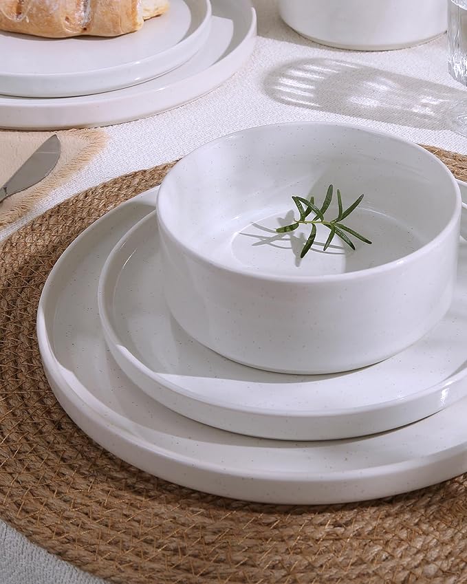Famiware Nebula Plates and Bowls Set, 24 Pieces Dinnerware Sets, Dishes Set for 8, White