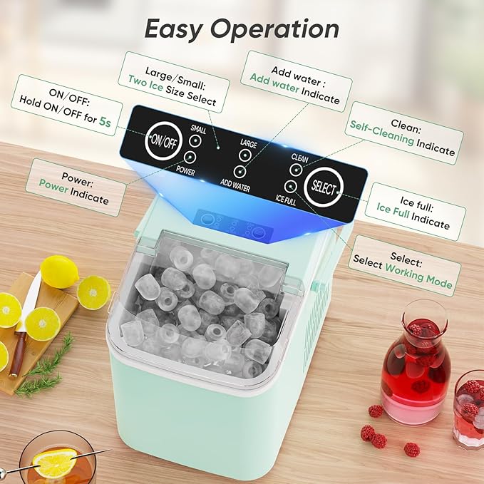 DUMOS Ice Makers Countertop with Handle Ice Machine, Fast in 6 Mins, 26lbs in 24 Hours, Quiet Self-Cleaning, Compact Size Portable for Home, Kitchen, RV, Camping,Modern Green