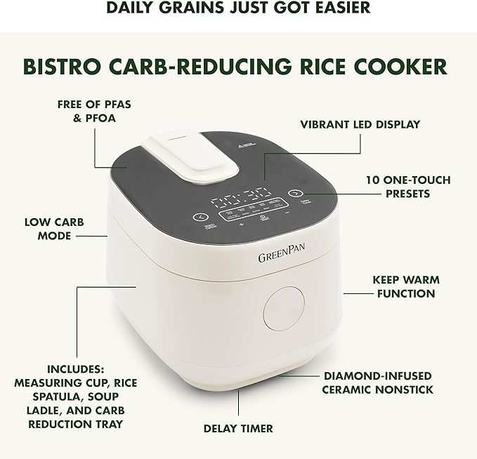 GreenPan Rice Cooker, 8 Cups Cooked (4 Uncooked), Low-Carb & Soup Mode,10 ONE-TOUCH Cooking Presets, PFAS-Free Ceramic Steamer Basket, Fuzzy Logic, Auto Keep Warm, Oats, 24HR Delay Timer, Cream