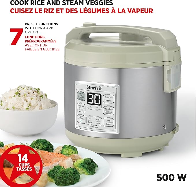 Starfrit Low Carb Rice Cooker - 14 Cups - Stainless Steel Low Carb/Steamer Basket - 7 Preset Functions - 500W