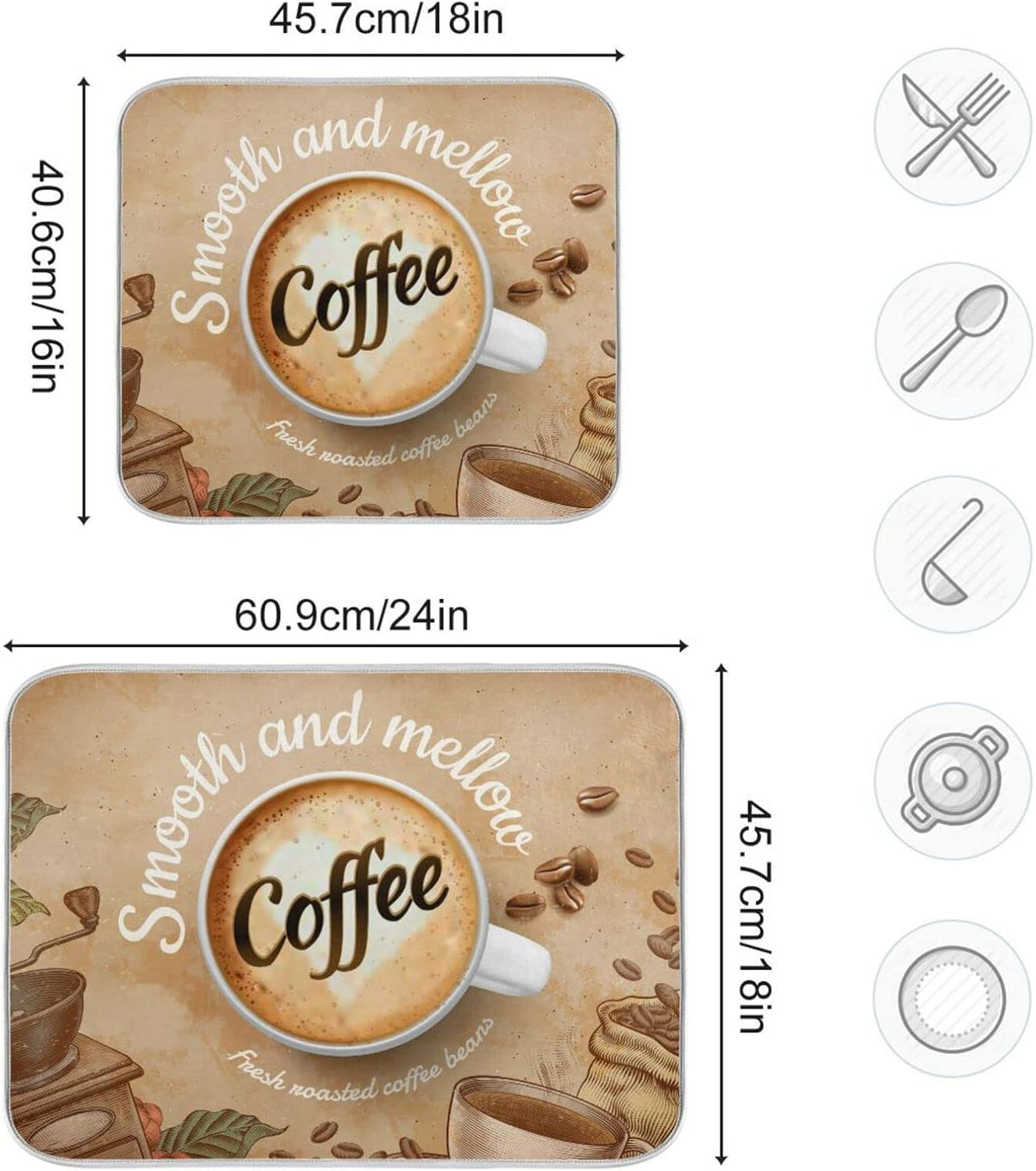 senya Super Absorbent Dish Drying Mat, Microfiber Fast-Drying 24'' x 18'', Kitchen Pad, Coffee Cup Retro Brown