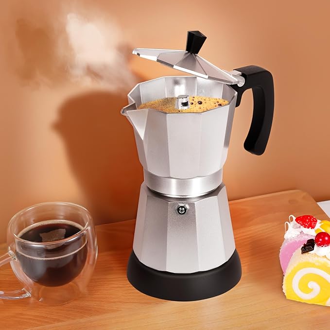 Silver Aluminum Electric Moka Pot, 3 or 6 Cups Espresso Maker with Dose Reduction Plate
