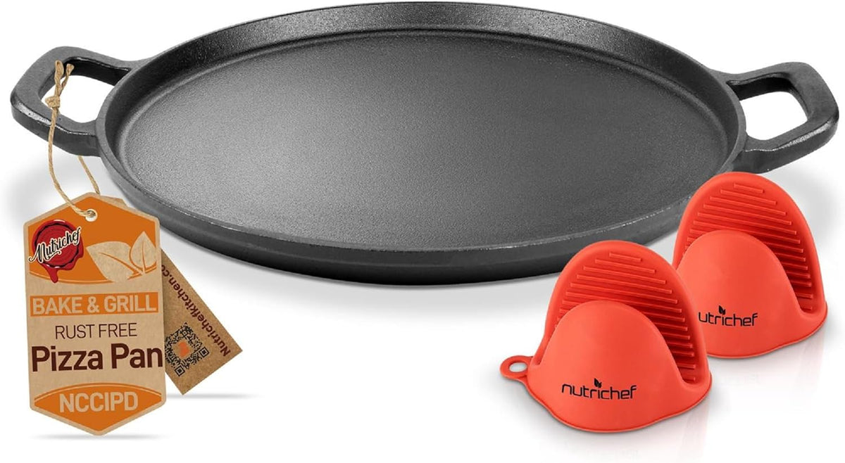 NutriChef 13-Inch Flat Cast Iron Pizza Pan - Versatile Pre-Seasoned Round Cooking Griddle w/ Built-In Handles for Oven, Grill, Stove, and Campfires