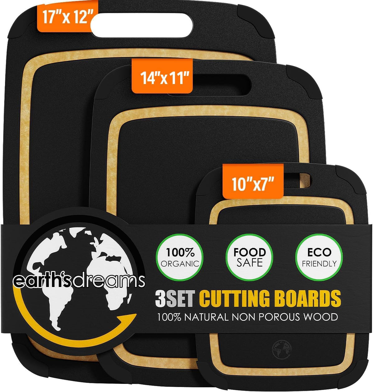 Earth’s Dreams Wood Cutting Board Set 3-Piece: Small, Large & Extra Large - Charcuterie Board, Non-Plastic, Non-Toxic, Heavy-Duty, Dishwasher Safe (Black/Tan)