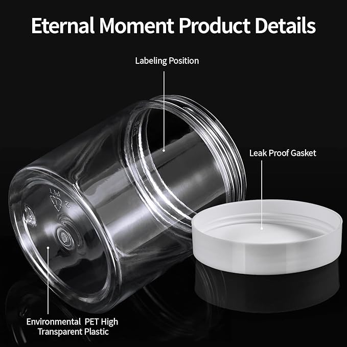 48 Pack 8 OZ Plastic Jars Round Clear Cosmetic Container Jars with White Lids, Eternal Moment Plastic Slime Jars for Lotion, Cream, Ointments, Makeup, Eyeshadow, Rhinestone, Samples, Travel Storage
