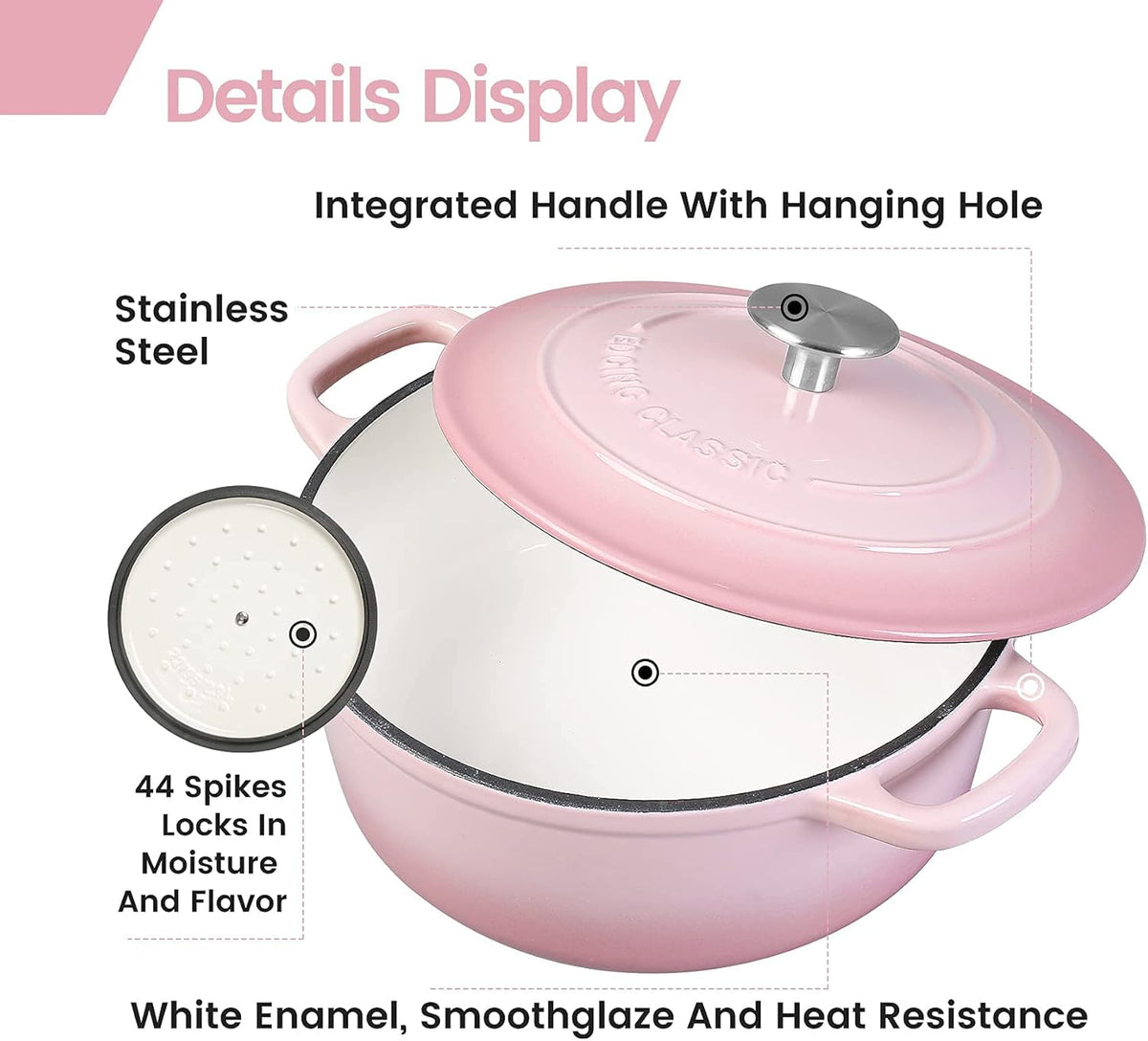 Enameled Cast Iron Covered 5.5 Quart Dutch Oven with Dual Handle, Dutch Ovens with Lid for Bread Baking, Pink
