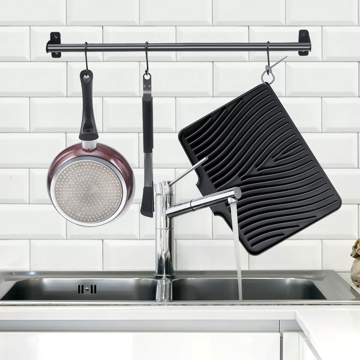 Silicone Dish Drying Mat for Kitchen Counter, Dish Drying Pad, Non-Slip Drain Pad with Built-in Drain, Heat Resistant Stone Drying Mat(15.8" x 13", Black)