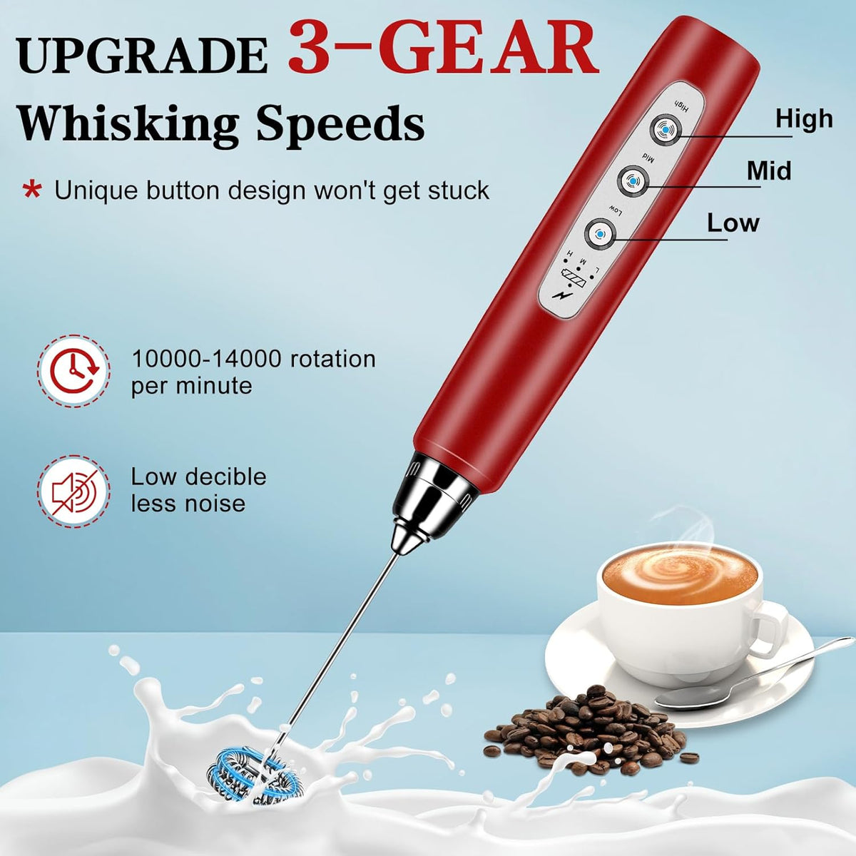 Milk Frother Handheld for Coffee, Electric Whisk 3 Speed Adjustable, Drink Mixer with Stainless 3 Whisks, Rechargeable Hand Frother Wand, Foam Maker for Latte Cappuccino Hot Chocolate Egg Red