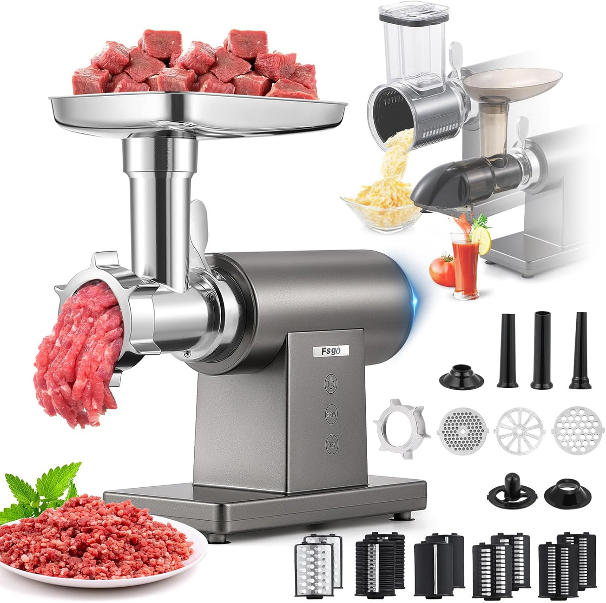 Electric Meat Grinder 3200W Multifunctional Meat Grinders Chopper Machine with Cutting Blade 3 Grinding Plates 3 Sausage Stuffers Kubbe Kit Juicer Cheese Grater Veggie Shredder Slicer