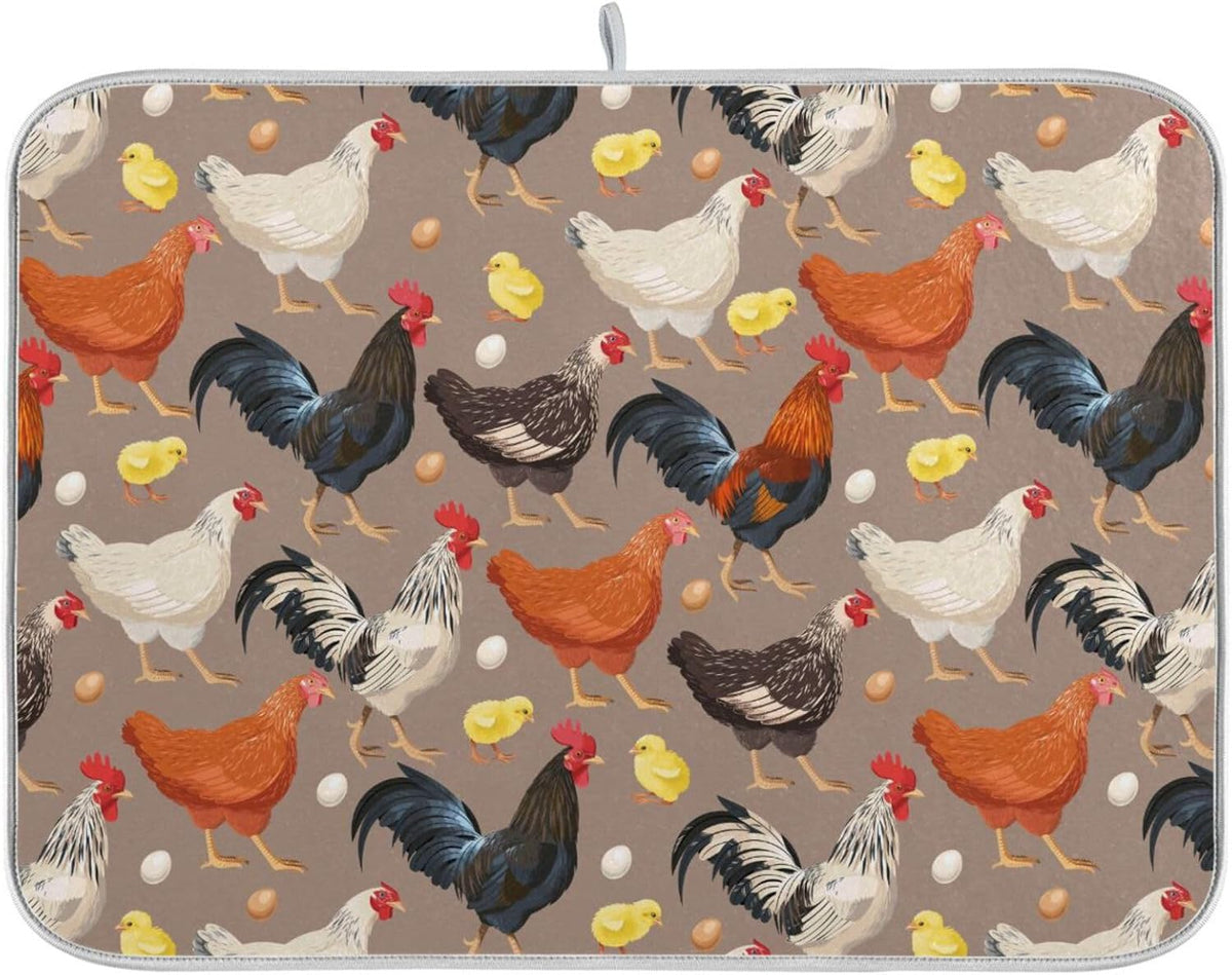 Hens Roosters Chicken Dish Drying Mat for Kitchen Counter Absorbent Microfiber Drying Pad, Large 18x24 in, Reversible Drainer Mats