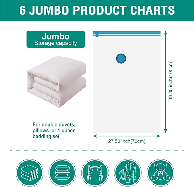 6 Jumbo Vacuum Storage Bags, Space Saver Bags Compression Storage Bags for Comforters and Blankets, Vacuum Sealer Bags for Clothes Storage, Hand Pump Included