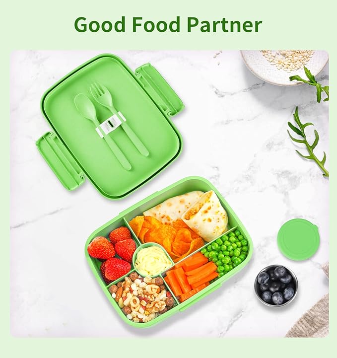 Bento Lunch Box with Kids/Adults, 5 Compartments Leakproof Lunch Container with Dressing Cup, Eco-Friendly Double Insulated Boxes, Dishwasher and Microwave Safe, BPA-Free (green)