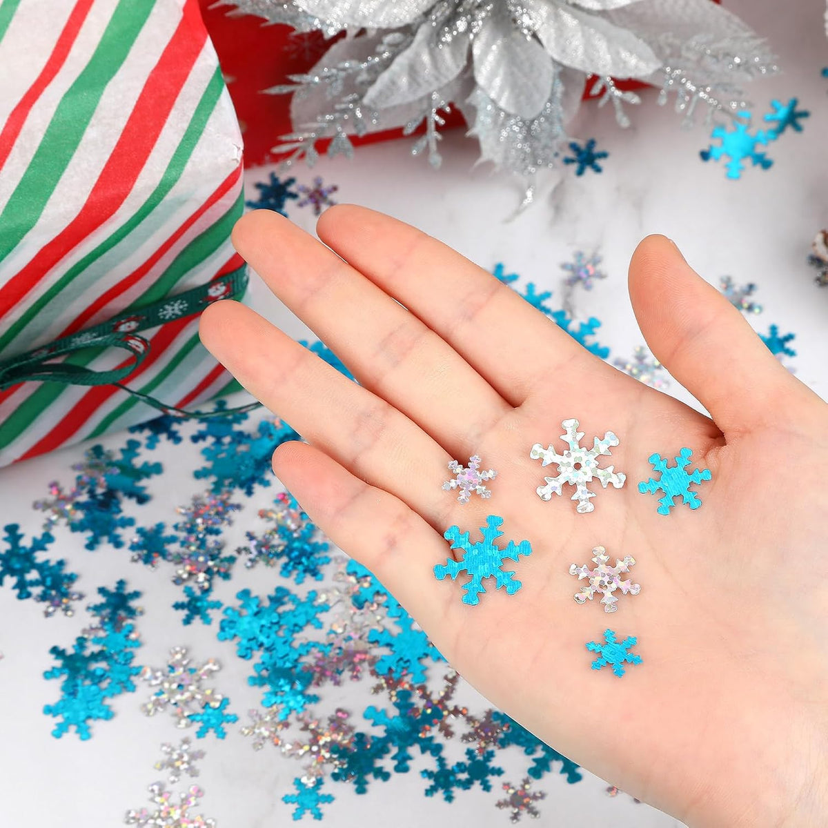 MARFOREVER Winter Snowflake Confetti Decorations, White Blue Glitter Confetti Snow Scatter Sequins for Winter Wonderland Frozen Holiday Baby Shower Party Table Decor Supplies