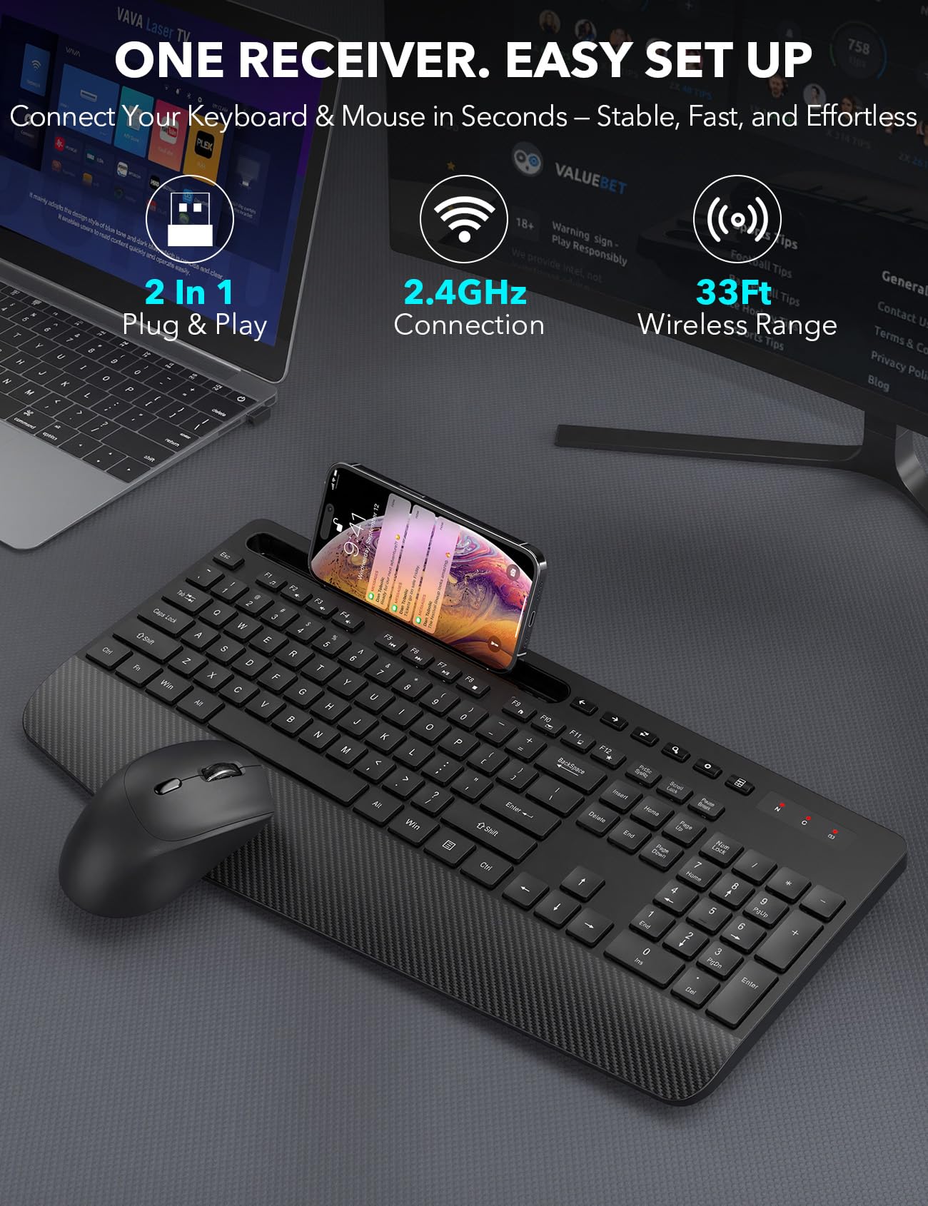 Wireless Keyboard and Mouse Combo - Full-Sized, Ergonomic Wrist Rest