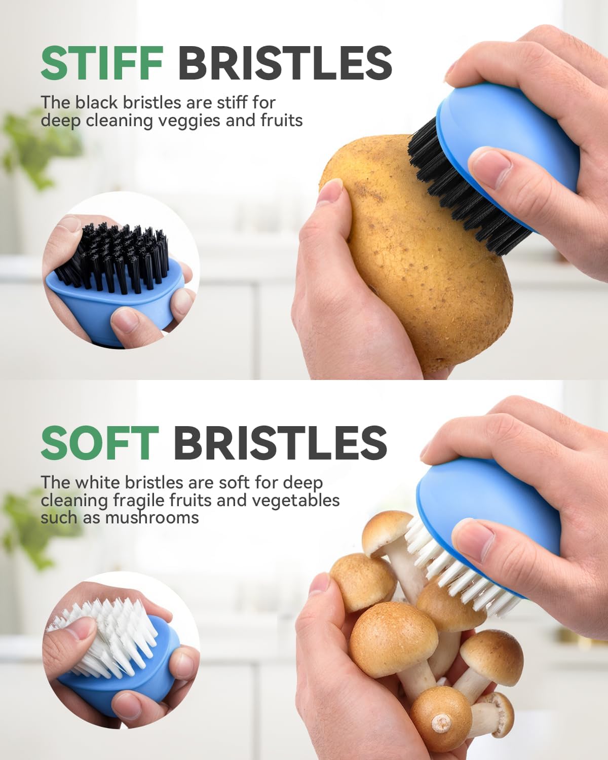 SXhyf Vegetable Brush Scrubber for Food [Black Stiff Bristles Brush + White Soft Bristles Brush] Potato Scrubber, Dishwasher Safe Veggie & Fruit Cleaning Brush for Mushrooms, Carrots, Lemons, Eggs