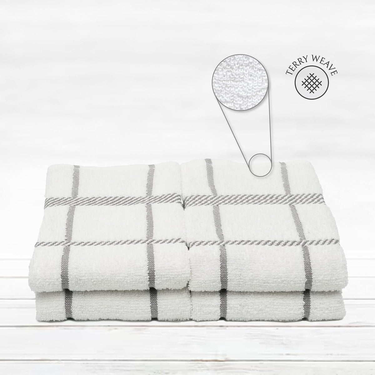 100% Cotton Terry Dish Towels, 4 Pack Checks, 16 x26 Inches, Super Soft and Absorbent Kitchen Towels, Perfect for Kitchen Cleaning and Dish Washing | Light Gray