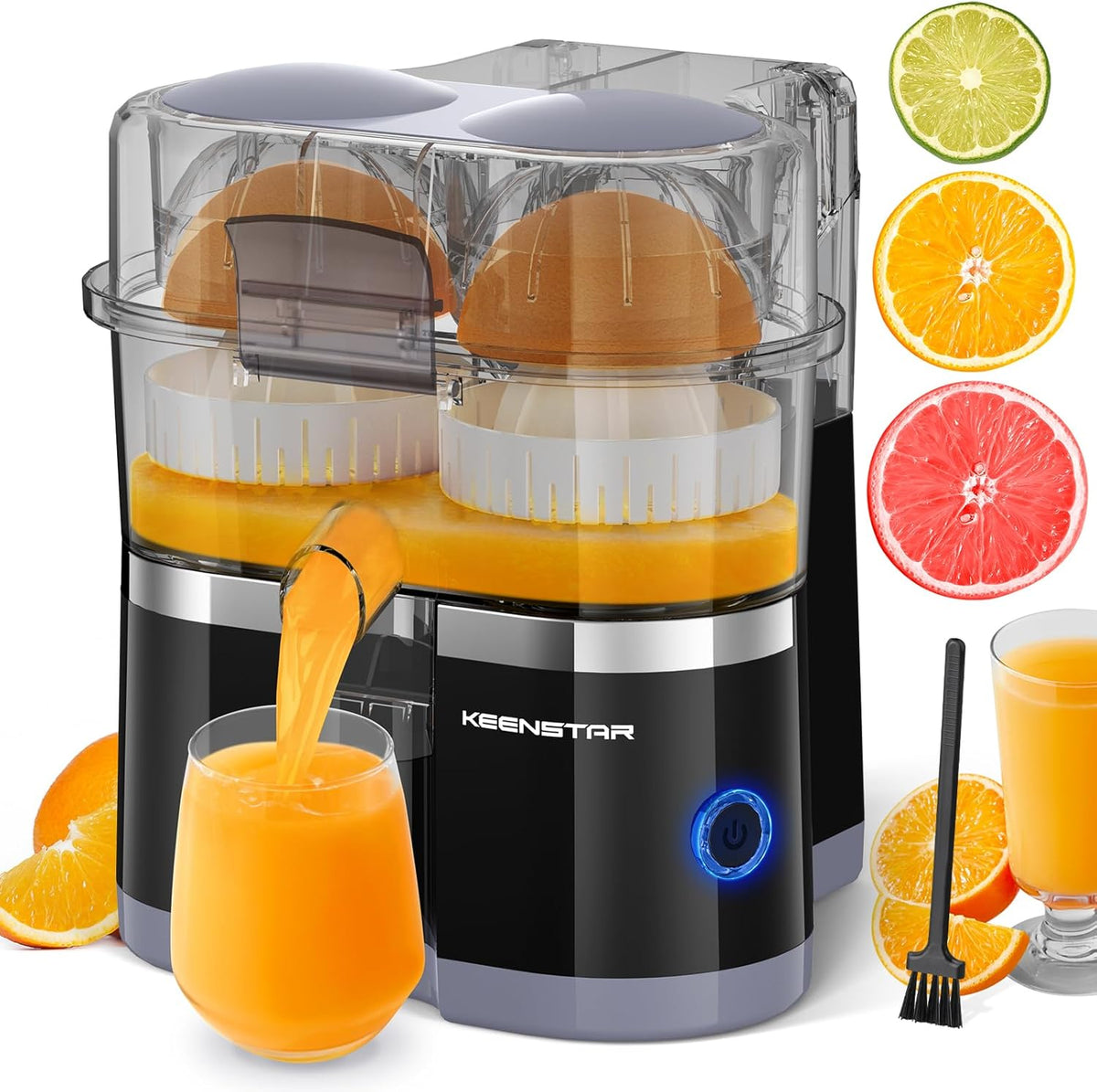 Electric Citrus Juicer, Dual-Head Orange Juicer Squeezer, Portable Juicer with Cleaning Brush for Lemon, Grapefruit, High Juice Yield, Easy to Clean, One Touch Operation