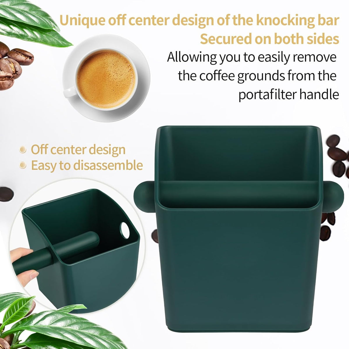 Large Square Knock Box Shock-absorbent Knock Box Espresso with Removable Knock Bar and Non-Slip Base Espresso Accessories for Home/Office (Large Green Knock Box)