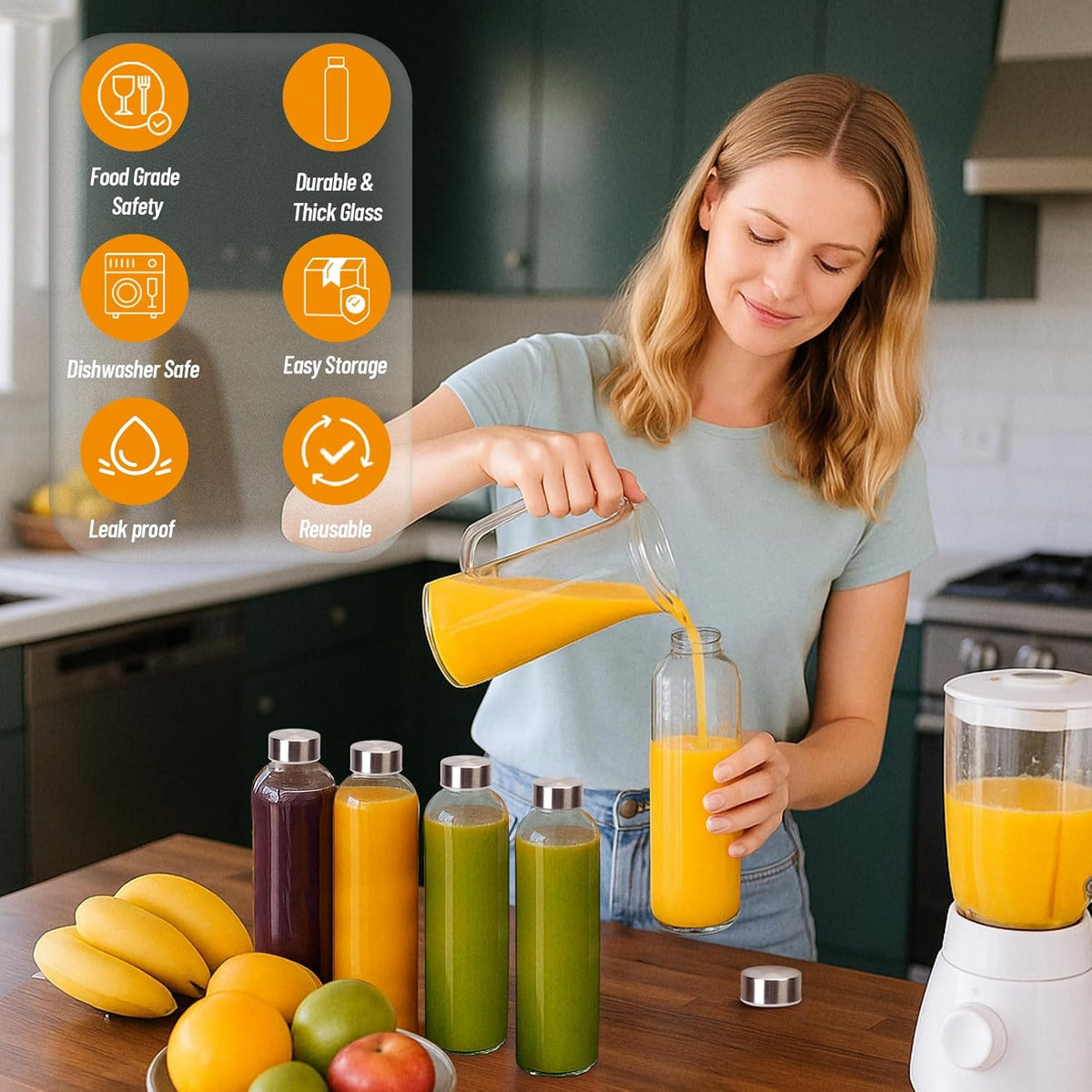 32 oz Clear Glass Water Bottles with Lids, Reusable Glass Juice Bottles with Stainless Steel Cap for Juicing, Refrigerator, 100% Leak Proof, BPA Free, Gift Set of 3