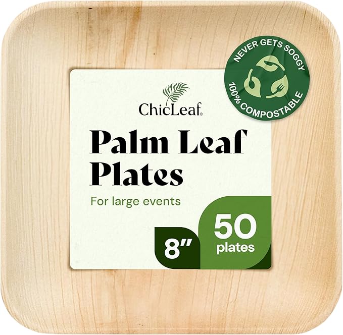 Chic Leaf Disposable Palm Leaf Plates - 50 Count, 8" Square, Natural - Bamboo Plates Disposable, Biodegradable & Compostable - Microwave Safe & Heavy Duty - Event & Party Supplies - Wedding Decor