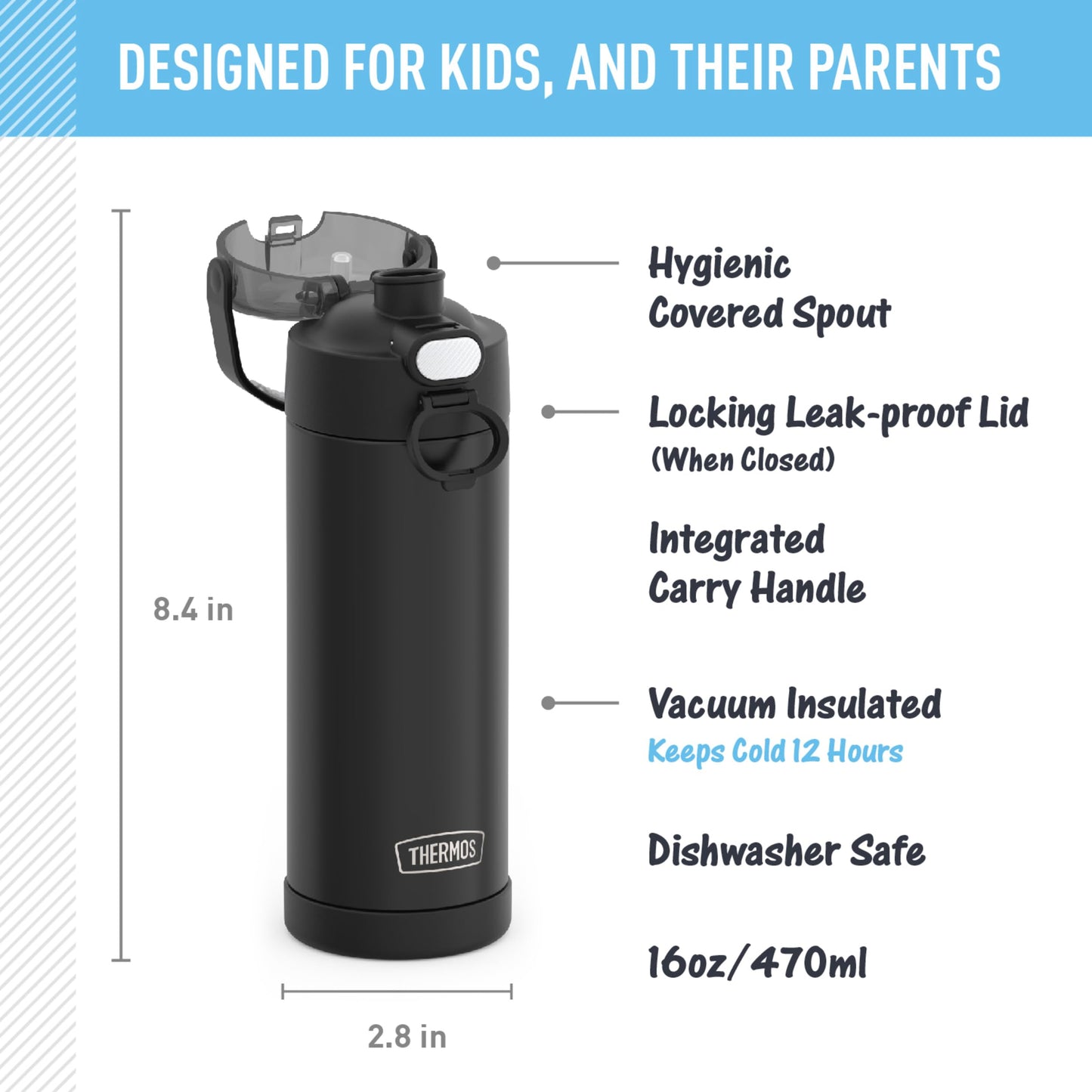 THERMOS FUNTAINER Water Bottle with Spout, 16oz, Black Matte