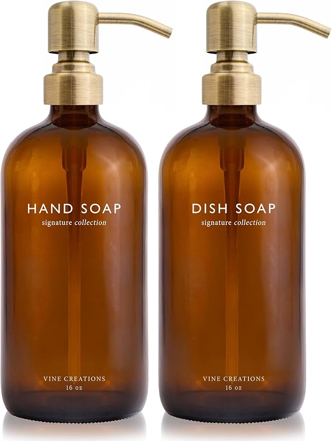 Vine Creations Amber Glass Soap Dispenser Set, Dish Soap and Hand Soap Dispenser Set with Stainless Steel Pump, 16 oz Glass Dispensers for Kitchen or Bathroom Decor (Amber Bottle/Brushed Brass Pump)