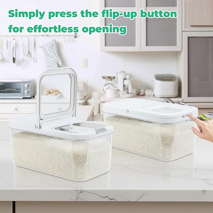 TBMax Rice Flour Storage Container with Automatic Flip-up Lid 13 Lbs | 6.5 Qt, Short and Narrow Food Storage Flour Bin for Kitchen Drwer Organization, Pet Dog Cat Food Storage Container