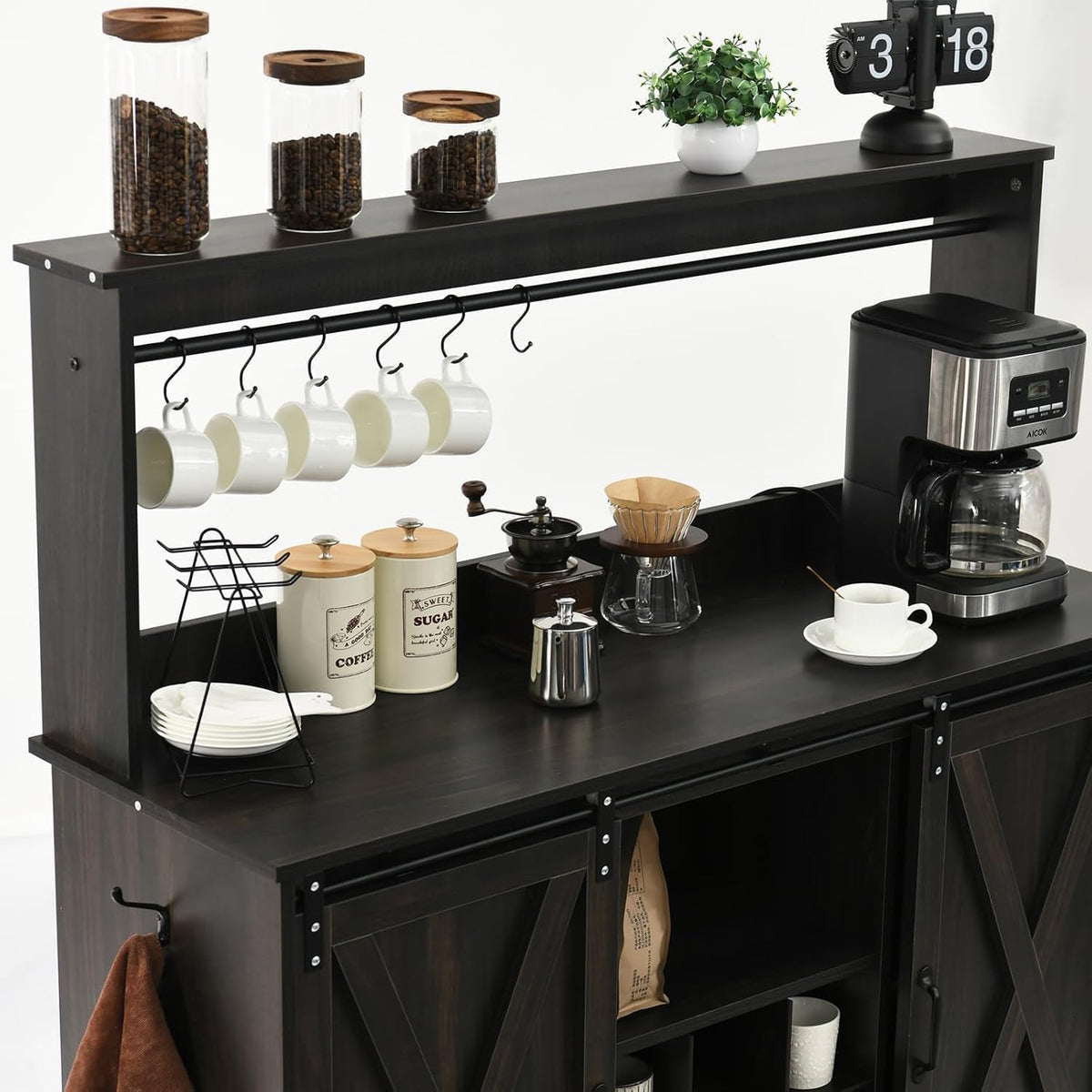 4ever2buy Farmhouse Coffee Bar Cabinet with 9 Wine Racks and 6 Hooks, 47 Inch Wine Cabinet with Storage, Kitchen Buffet Cabinet with Adjustable Shelves for Living Dining Room, Dark Oak