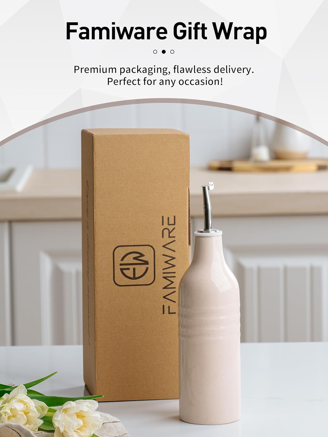 famiware Jupiter 16oz Ceramic Olive Oil Dispenser Bottle, Olive Oil and Vinegar Dispenser Bottle Set of 2 with Stainless Steel Pourers, Suitable for Storage Vinegar, Liquids, Light Blue & Light Pink