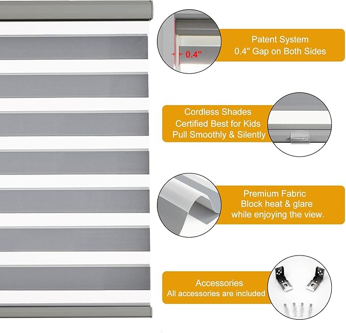 Persilux Cordless Zebra Blinds for Windows, Roller Shades for Windows (35.5" W x 72" H, Grey) Dual Layer Fabric for Day and Night,Room Darkening Shades for Home, Office, Bedroom and Living Room