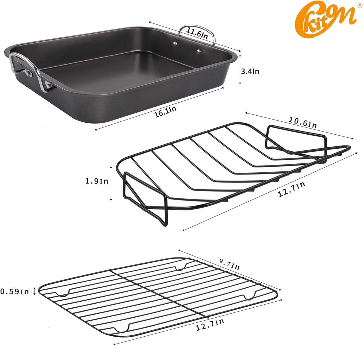 kitCom Nonstick Roasting Pan, Roaster with Rack - 16 Inch Rectangular Grill Suitable for Turkey, Roast Chicken, Ham, Dishwasher Safe (9.5QT)