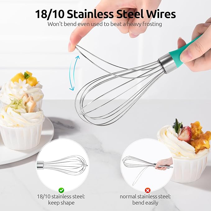 U-Taste 9" Small Egg Whisk: 18/10 Stainless Steel Kitchen Cooking Wire Balloon Wisk, Heavy Duty Metal Beater Stirrer, Manual Baking Tool with 6 Flex Wires for Hand Mixing, Blending Sauce (Aqua Sky)