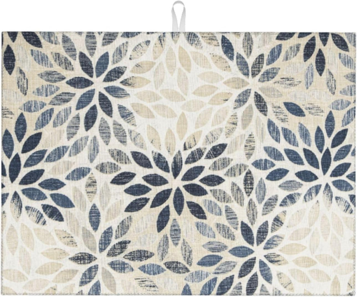Dahlia Dish Drying Mat 18x24 for Kitchen Counter, Blue Floral Decorative Absorbent Coffee Mat Dish Drying Pad Coffee Bar Dish Drainer Rack Mat Drainer Mat