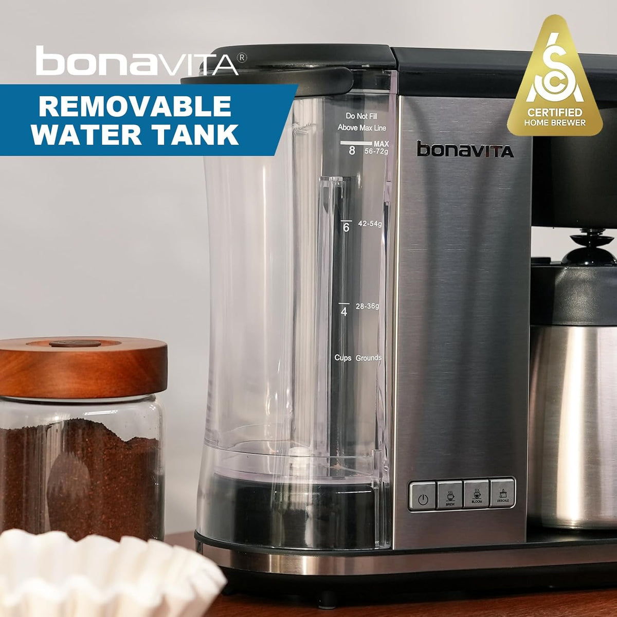Bonavita Enthusiast 8 Cup Drip Coffee Brewer, Pour Over, SCA Certified Coffee Machine with Glass Carafe, Stainless Steel Panel, Removable Reservoir